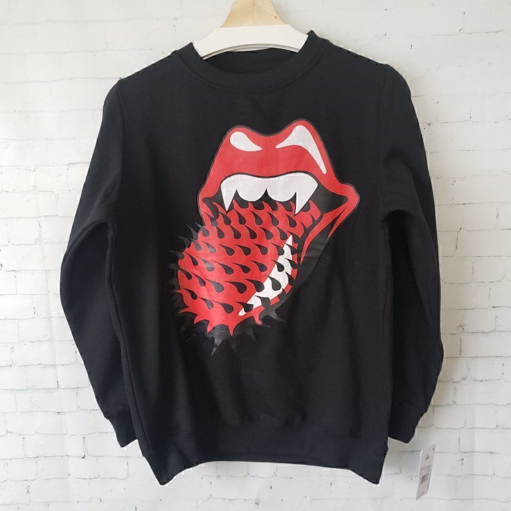 NEW Rolling Stones Crewneck Sweatshirt Size XS Womens Spiked Toung Mouth Black